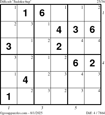 The grouppuzzles.com Difficult Sudoku-6up puzzle for Friday August 1, 2025 with all 4 steps marked