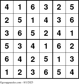 The grouppuzzles.com Answer grid for the Sudoku-6up puzzle for Friday August 1, 2025