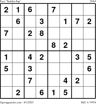 The grouppuzzles.com Easy Sudoku-8up puzzle for Friday August 1, 2025