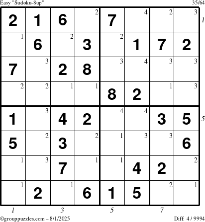 The grouppuzzles.com Easy Sudoku-8up puzzle for Friday August 1, 2025 with all 4 steps marked