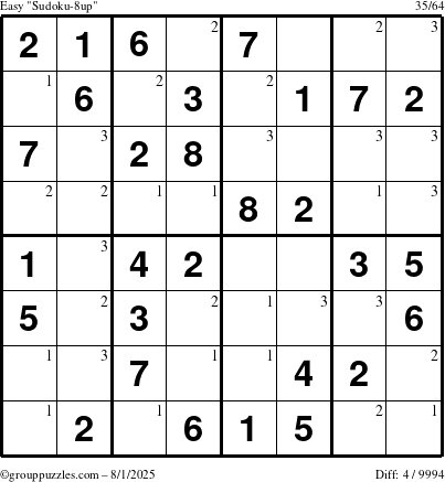 The grouppuzzles.com Easy Sudoku-8up puzzle for Friday August 1, 2025 with the first 3 steps marked
