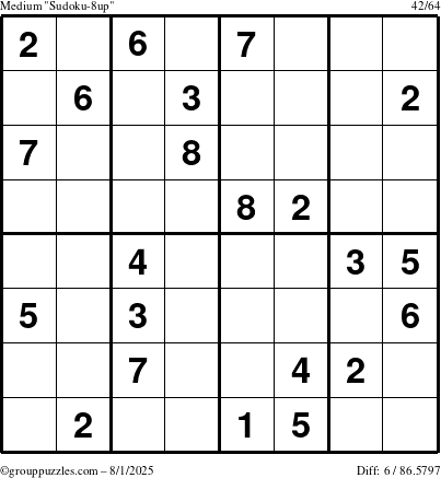 The grouppuzzles.com Medium Sudoku-8up puzzle for Friday August 1, 2025