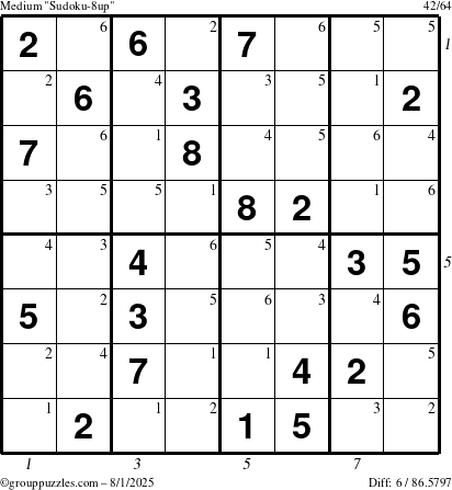 The grouppuzzles.com Medium Sudoku-8up puzzle for Friday August 1, 2025 with all 6 steps marked