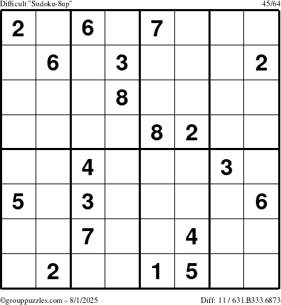 The grouppuzzles.com Difficult Sudoku-8up puzzle for Friday August 1, 2025