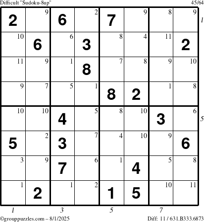 The grouppuzzles.com Difficult Sudoku-8up puzzle for Friday August 1, 2025 with all 11 steps marked