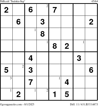 The grouppuzzles.com Difficult Sudoku-8up puzzle for Friday August 1, 2025 with the first 3 steps marked