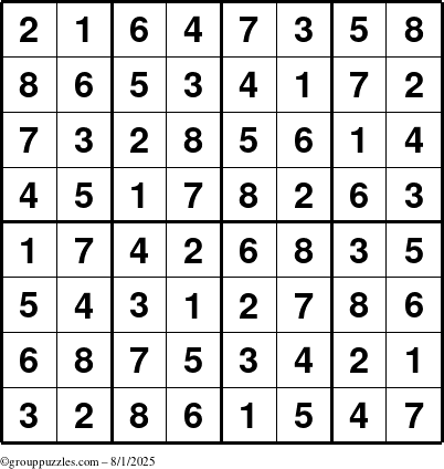The grouppuzzles.com Answer grid for the Sudoku-8up puzzle for Friday August 1, 2025