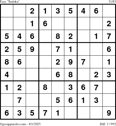 The grouppuzzles.com Easy Sudoku puzzle for Friday August 1, 2025