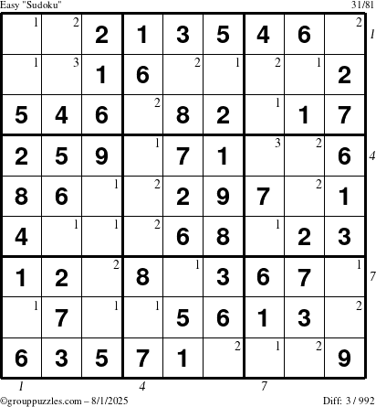 The grouppuzzles.com Easy Sudoku puzzle for Friday August 1, 2025 with all 3 steps marked