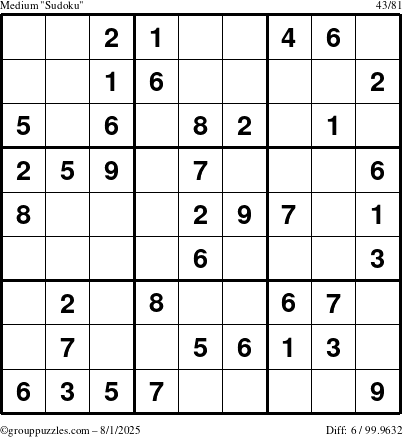 The grouppuzzles.com Medium Sudoku puzzle for Friday August 1, 2025