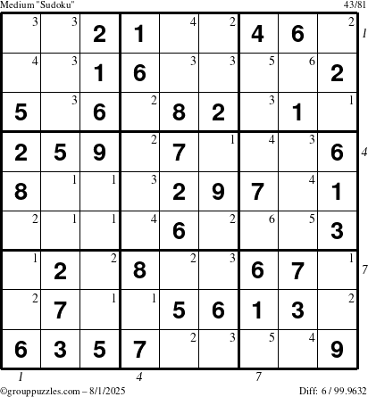 The grouppuzzles.com Medium Sudoku puzzle for Friday August 1, 2025 with all 6 steps marked