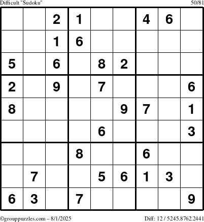 The grouppuzzles.com Difficult Sudoku puzzle for Friday August 1, 2025