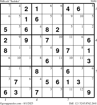 The grouppuzzles.com Difficult Sudoku puzzle for Friday August 1, 2025 with all 12 steps marked