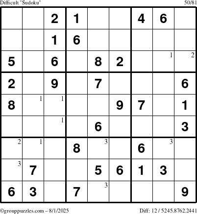 The grouppuzzles.com Difficult Sudoku puzzle for Friday August 1, 2025 with the first 3 steps marked