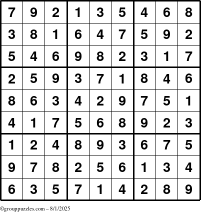 The grouppuzzles.com Answer grid for the Sudoku puzzle for Friday August 1, 2025