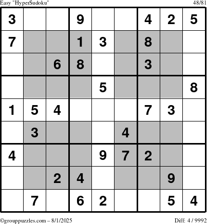 The grouppuzzles.com Easy HyperSudoku puzzle for Friday August 1, 2025