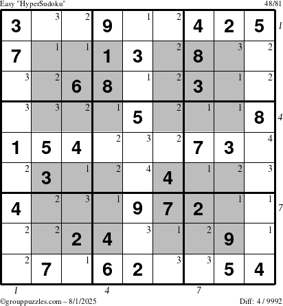 The grouppuzzles.com Easy HyperSudoku puzzle for Friday August 1, 2025 with all 4 steps marked