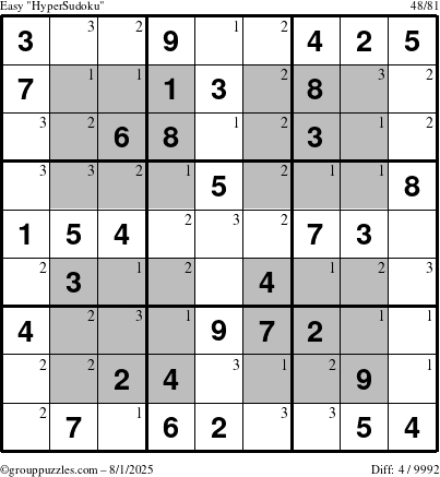The grouppuzzles.com Easy HyperSudoku puzzle for Friday August 1, 2025 with the first 3 steps marked