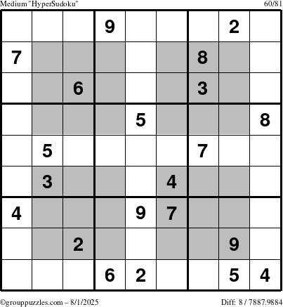 The grouppuzzles.com Medium HyperSudoku puzzle for Friday August 1, 2025