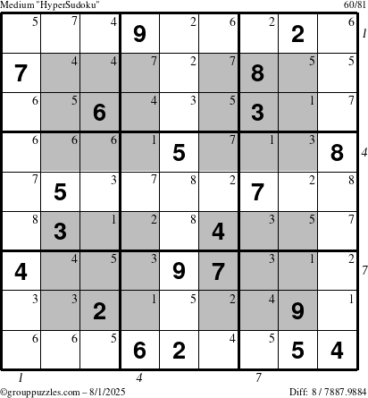 The grouppuzzles.com Medium HyperSudoku puzzle for Friday August 1, 2025 with all 8 steps marked