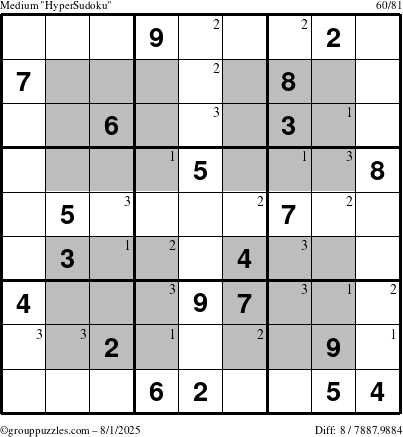 The grouppuzzles.com Medium HyperSudoku puzzle for Friday August 1, 2025 with the first 3 steps marked