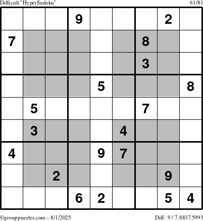 The grouppuzzles.com Difficult HyperSudoku puzzle for Friday August 1, 2025