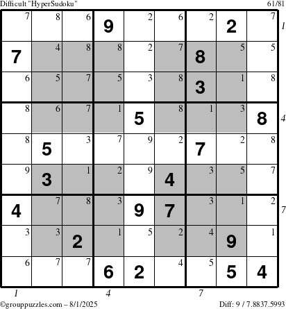 The grouppuzzles.com Difficult HyperSudoku puzzle for Friday August 1, 2025 with all 9 steps marked