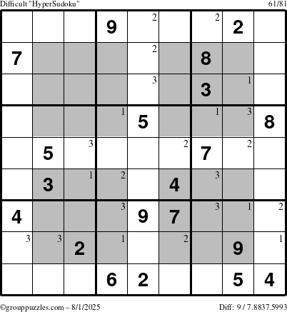 The grouppuzzles.com Difficult HyperSudoku puzzle for Friday August 1, 2025 with the first 3 steps marked