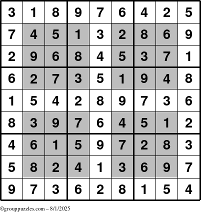 The grouppuzzles.com Answer grid for the HyperSudoku puzzle for Friday August 1, 2025
