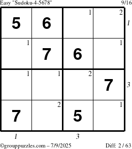 The grouppuzzles.com Easy Sudoku-4-5678 puzzle for Wednesday July 9, 2025 with all 2 steps marked