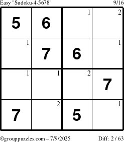 The grouppuzzles.com Easy Sudoku-4-5678 puzzle for Wednesday July 9, 2025 with the first 2 steps marked