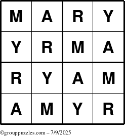 The grouppuzzles.com Answer grid for the Mary puzzle for Wednesday July 9, 2025