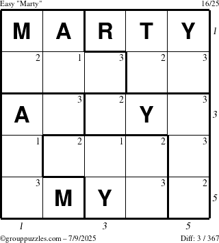 The grouppuzzles.com Easy Marty puzzle for Wednesday July 9, 2025 with all 3 steps marked