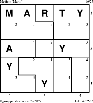 The grouppuzzles.com Medium Marty puzzle for Wednesday July 9, 2025 with all 4 steps marked