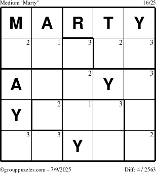 The grouppuzzles.com Medium Marty puzzle for Wednesday July 9, 2025 with the first 3 steps marked