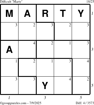 The grouppuzzles.com Difficult Marty puzzle for Wednesday July 9, 2025 with all 4 steps marked