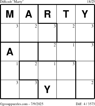 The grouppuzzles.com Difficult Marty puzzle for Wednesday July 9, 2025 with the first 3 steps marked
