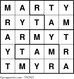 The grouppuzzles.com Answer grid for the Marty puzzle for Wednesday July 9, 2025