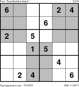 The grouppuzzles.com Easy SuperSudoku-Junior puzzle for Wednesday July 9, 2025