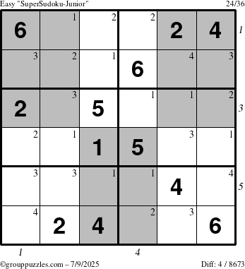 The grouppuzzles.com Easy SuperSudoku-Junior puzzle for Wednesday July 9, 2025 with all 4 steps marked