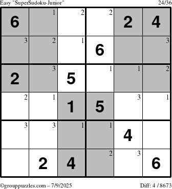 The grouppuzzles.com Easy SuperSudoku-Junior puzzle for Wednesday July 9, 2025 with the first 3 steps marked