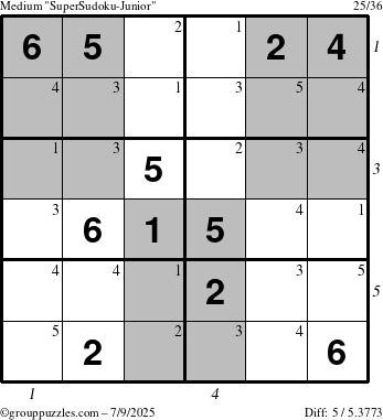 The grouppuzzles.com Medium SuperSudoku-Junior puzzle for Wednesday July 9, 2025 with all 5 steps marked