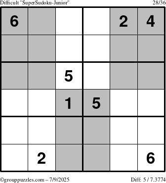 The grouppuzzles.com Difficult SuperSudoku-Junior puzzle for Wednesday July 9, 2025