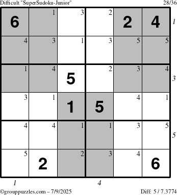 The grouppuzzles.com Difficult SuperSudoku-Junior puzzle for Wednesday July 9, 2025 with all 5 steps marked
