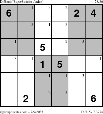 The grouppuzzles.com Difficult SuperSudoku-Junior puzzle for Wednesday July 9, 2025 with the first 3 steps marked