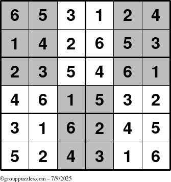 The grouppuzzles.com Answer grid for the SuperSudoku-Junior puzzle for Wednesday July 9, 2025