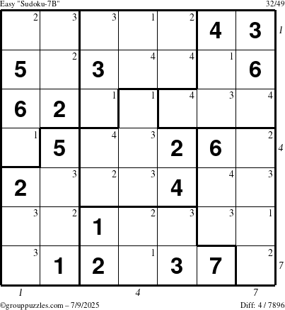 The grouppuzzles.com Easy Sudoku-7B puzzle for Wednesday July 9, 2025 with all 4 steps marked