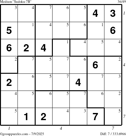 The grouppuzzles.com Medium Sudoku-7B puzzle for Wednesday July 9, 2025 with all 7 steps marked