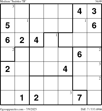 The grouppuzzles.com Medium Sudoku-7B puzzle for Wednesday July 9, 2025 with the first 3 steps marked