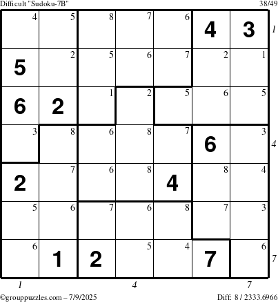 The grouppuzzles.com Difficult Sudoku-7B puzzle for Wednesday July 9, 2025 with all 8 steps marked